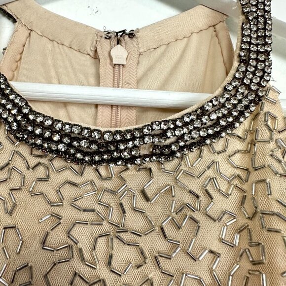 MAC DUGGAL Bugle Bead Halter Sheath Gown in Nude Silver Size US 8 - Picture 5 of 12